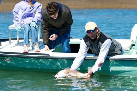 Releasing a big red drum (spot-tailed bass)